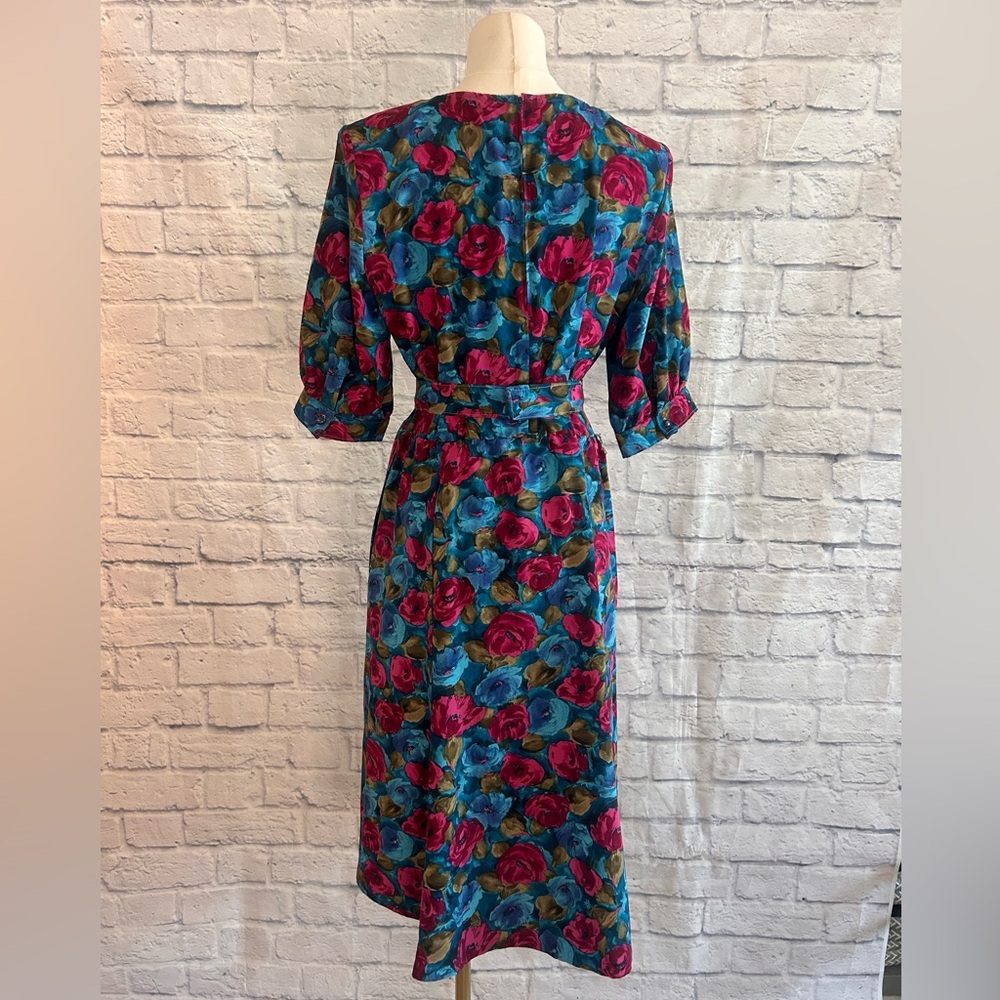 Vintage 60s Dress Handmade Midi Blue Pink Floral w Belt Garden Winter Fall - Picture 10 of 13